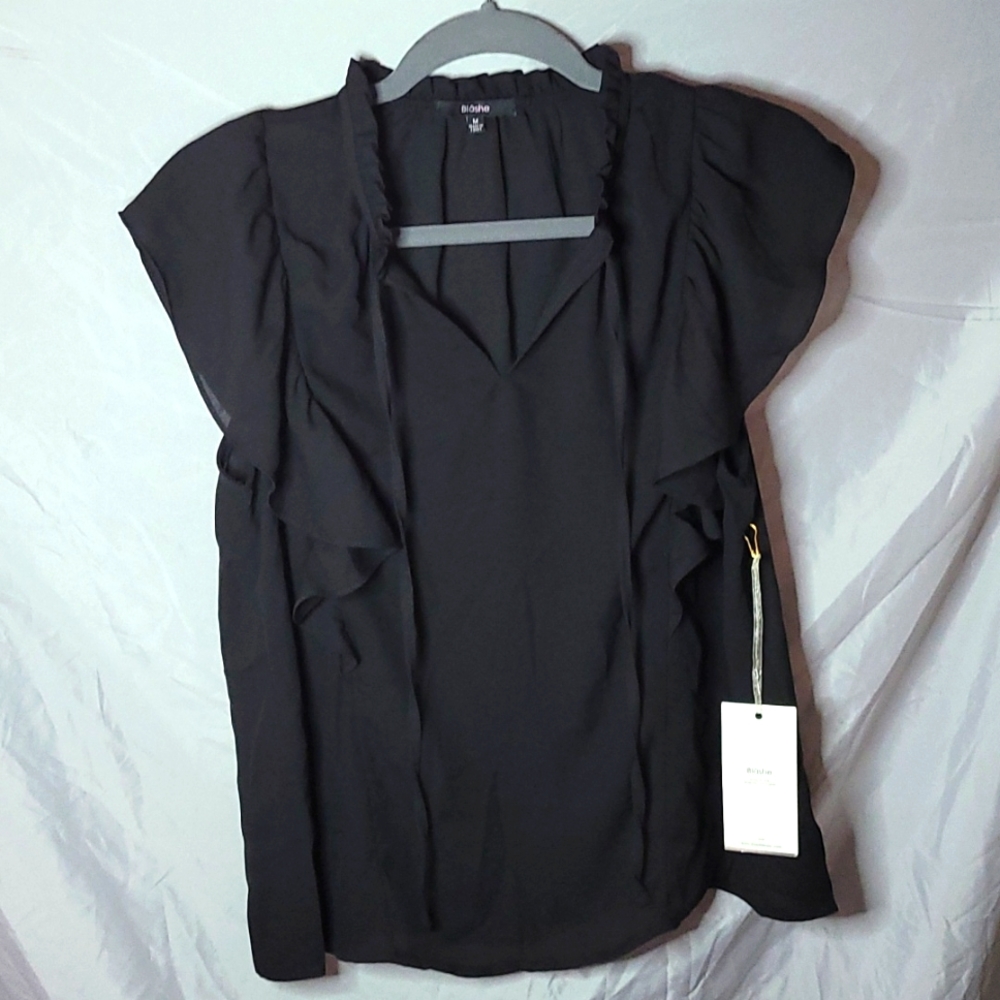 Blashe Black Ruffled V-Neck Blouse Sz M NEW